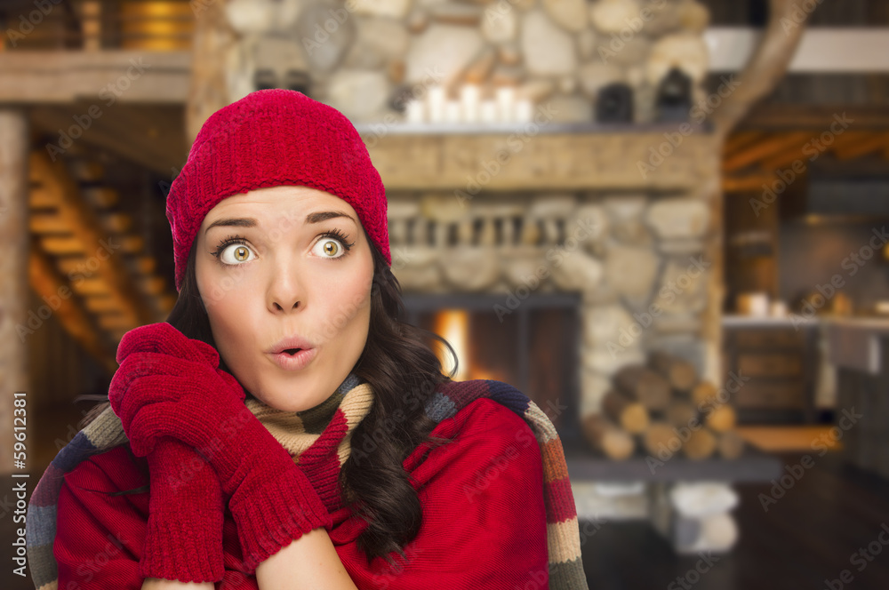 Mixed Race Girl Enjoying Warm Fireplace In Rustic Cabin Mixed Race Girl Enjoying Warm Fireplace In Rustic Cabin