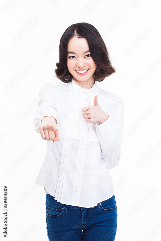 Young Asian woman pointing you Young Asian woman pointing you