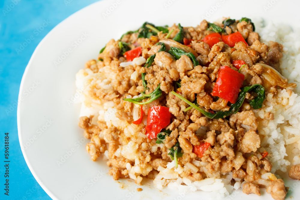 spicy stir fried pork in holy basil spicy stir fried pork in holy basil