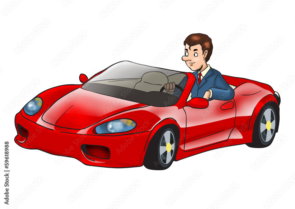 Cartoon illustration of a businessman driving a sport car Cartoon illustration of a businessman driving a sport car