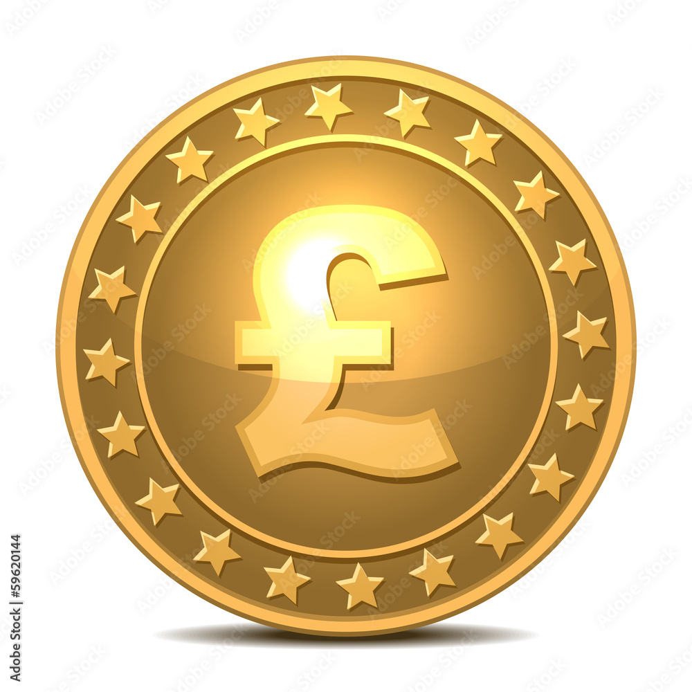 Gold coin with pound sterling sign. Gold coin with pound sterling sign.