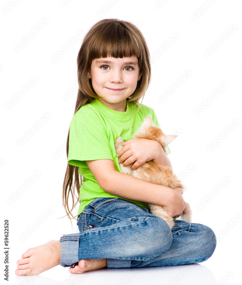 little girl hugging kitten. isolated on white background little girl hugging kitten. isolated on white background