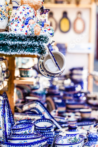 Colorful ceramics in traditonal polish market. photo