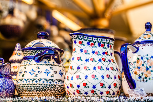 Colorful ceramics in traditonal polish market. photo
