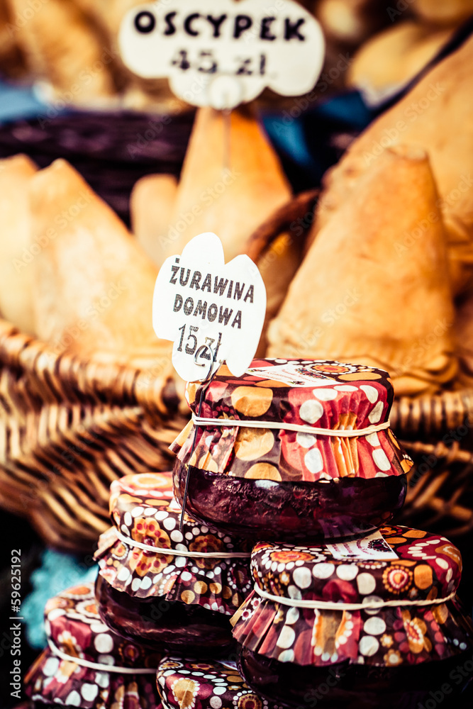 Traditional polish smoked cheese oscypek on market,Krakow,Poland