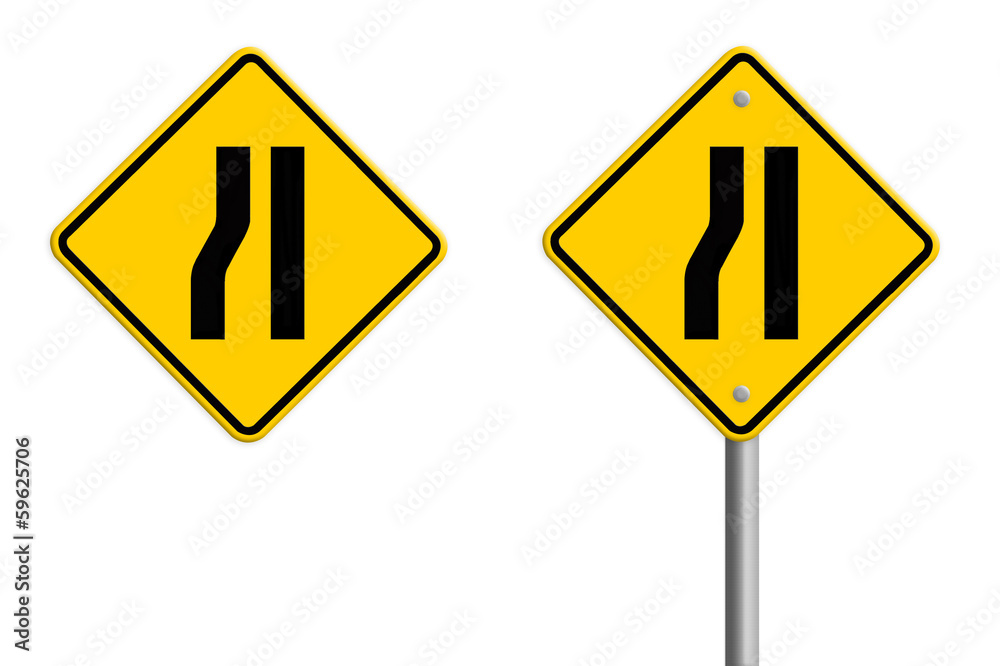 Road narrows merge right sign isolated on a white background, pa Road narrows merge right sign isolated on a white background, pa