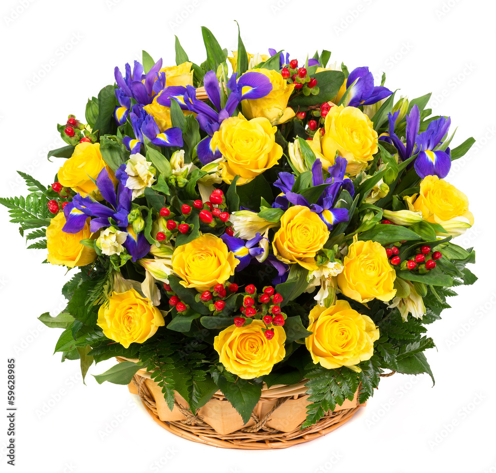 Bouquet of yellow rose and blue irise flower in basket isolated on white background - obrazy, fototapety, plakaty 