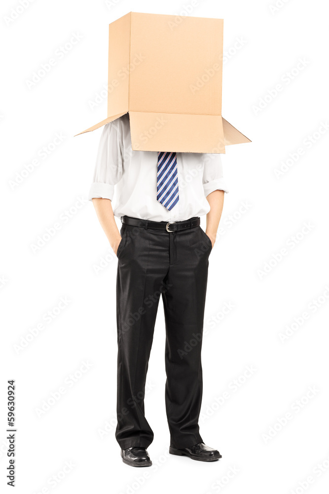 Full length portrait of a man with a cardboard box on his head
