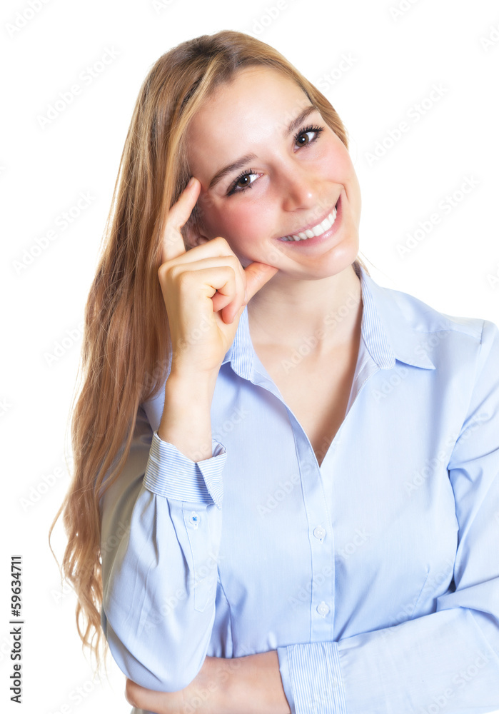 Stehende Frau mit langen blonden Haaren hat eine Idee Stehende Frau mit langen blonden Haaren hat eine Idee