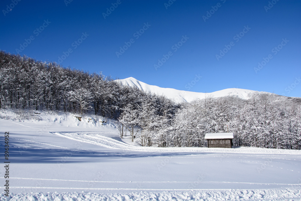 Mountain winter landscape with little hut Mountain winter landscape with little hut