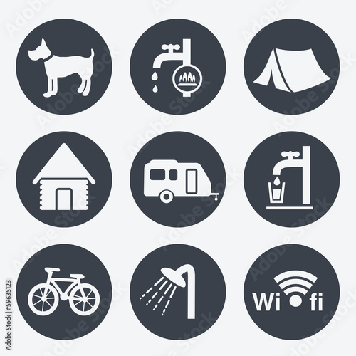 Vector camping icons - circular buttons, set 1