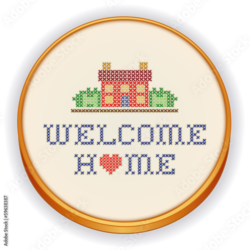 Embroidery, Welcome Home, house, heart, cross stitch sewing hoop