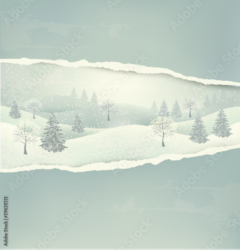 Christmas winter landscape background with ripped paper