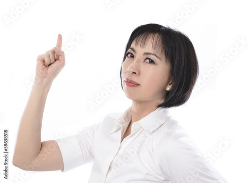 Pointing and looking to the side. woman