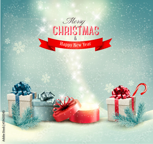 Christmas winter background with presents and open magic box  Ve