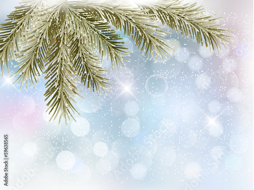 Christmas background with tree branches and snowflakes.  Vector