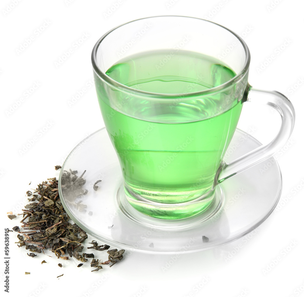 Transparent cup of green tea, isolated on white Transparent cup of green tea, isolated on white