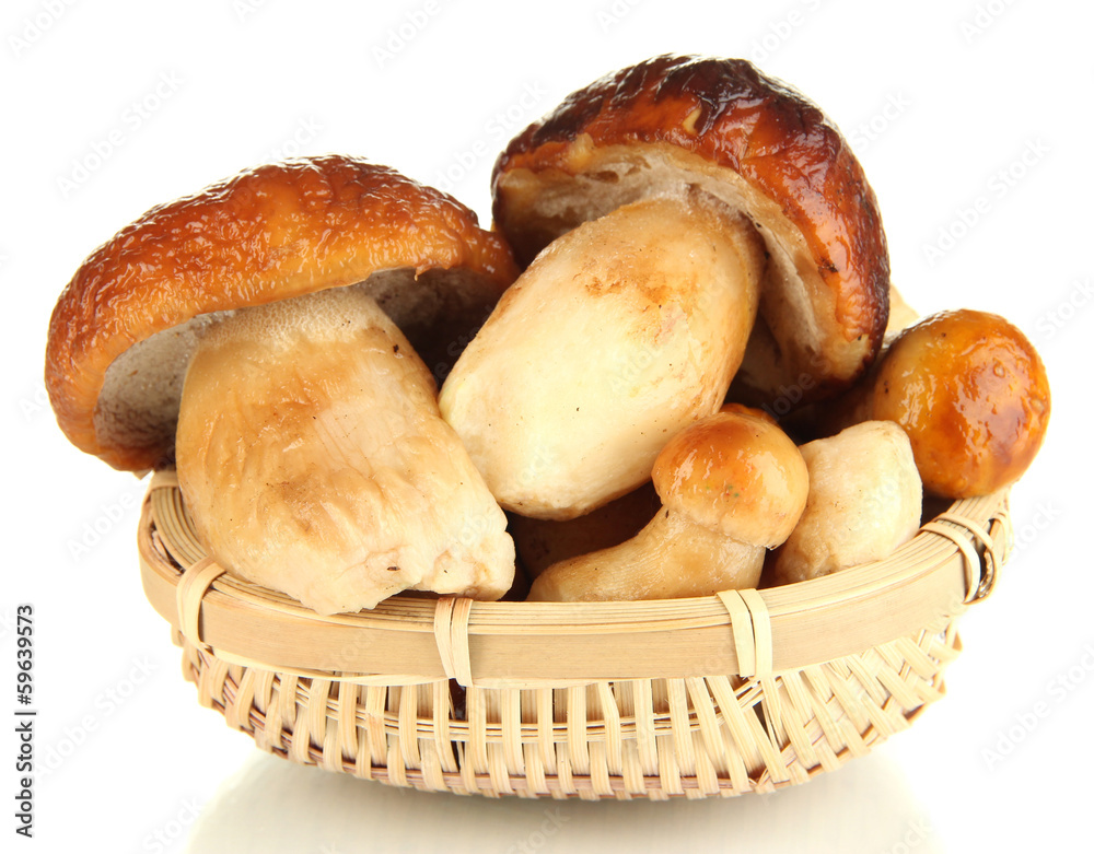 Fresh mushrooms in basket isolated on white Fresh mushrooms in basket isolated on white