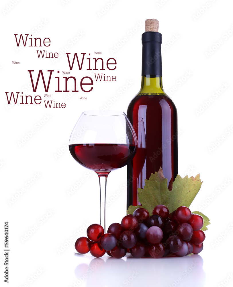 Wineglass with red wine, grape and bottle isolated on white
