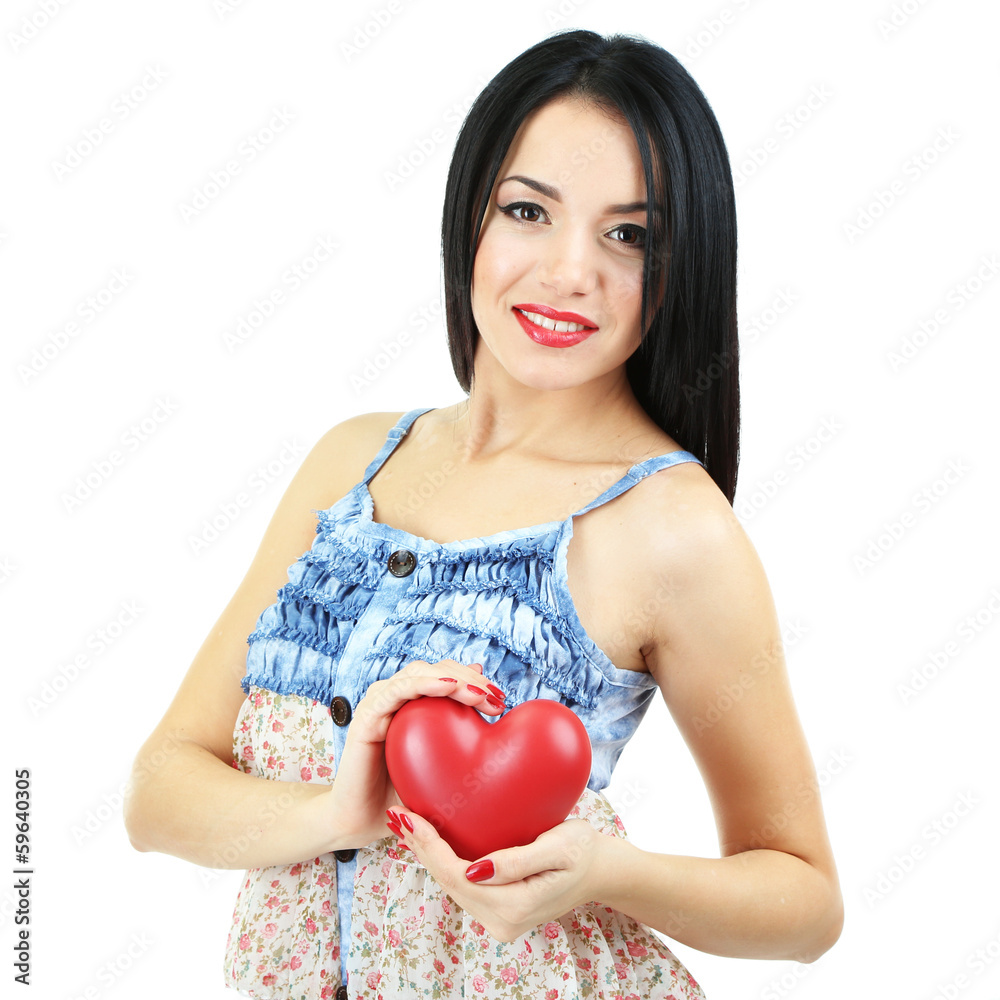 Attractive young woman with heart isolated on white Attractive young woman with heart isolated on white