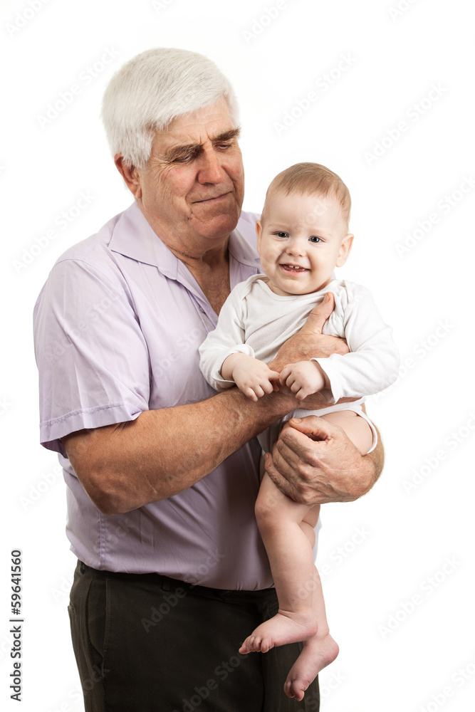 Portrait of a mature grandfather holding grandson over white Portrait of a mature grandfather holding grandson over white