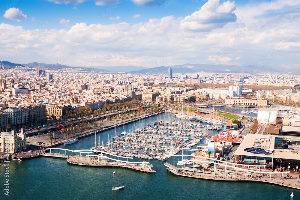 Aerial view of Barcelona city with Port Vell