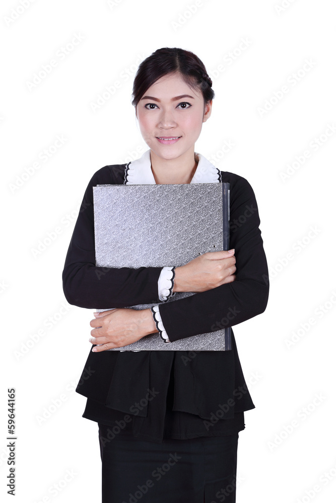 business woman confident smile holding folder documents isolated