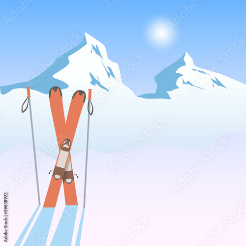 Vector retro illustration with snowy mountains and skis