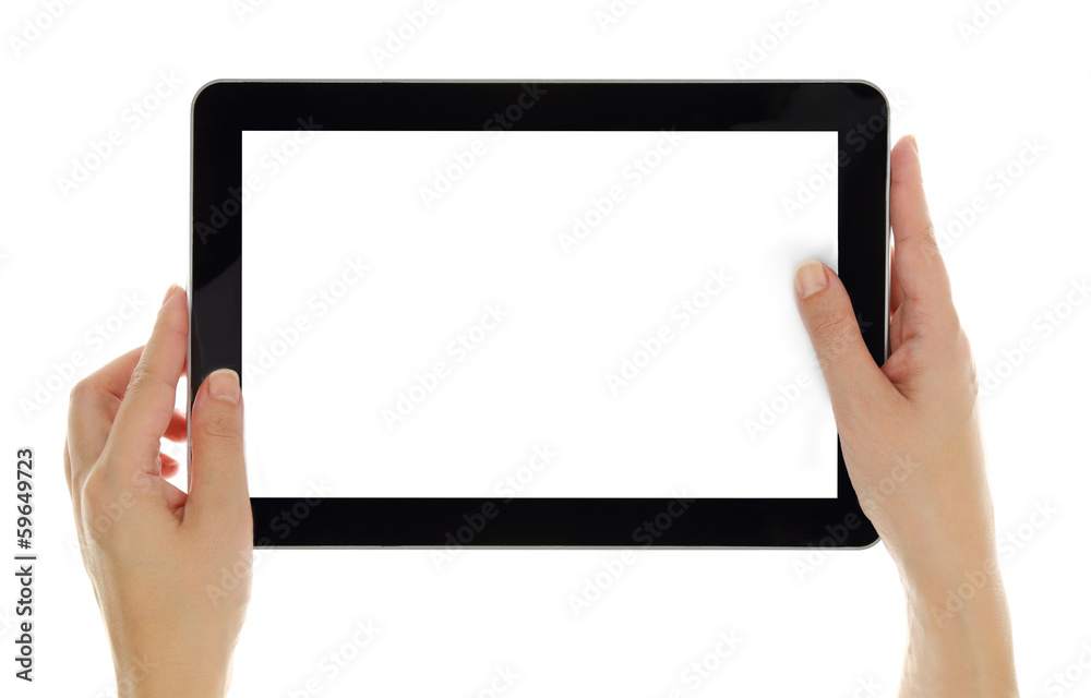 Female hands horizontally holding tablet with blank screen Female hands horizontally holding tablet with blank screen