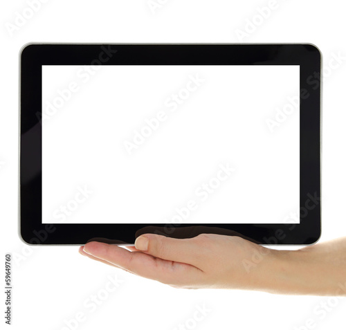Female hands horizontally holding tablet with blank screen