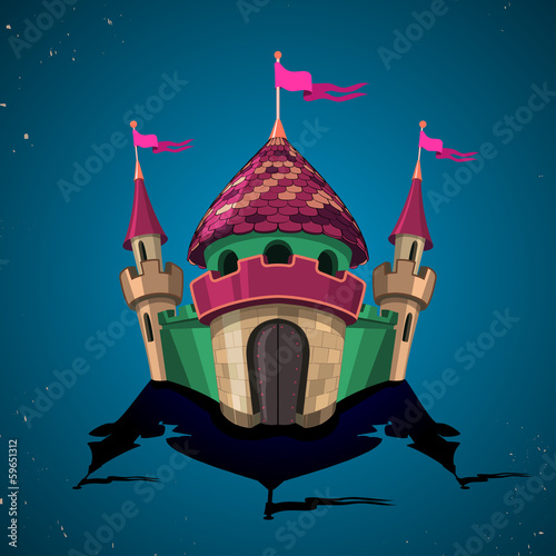 Cartoon fortified castle with flags. Icon.
