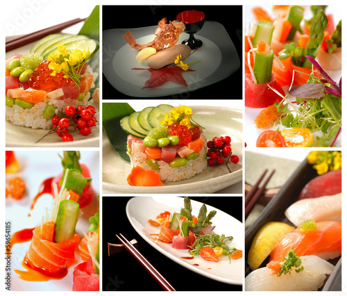 Collage of a variety of Sushi and Asian food