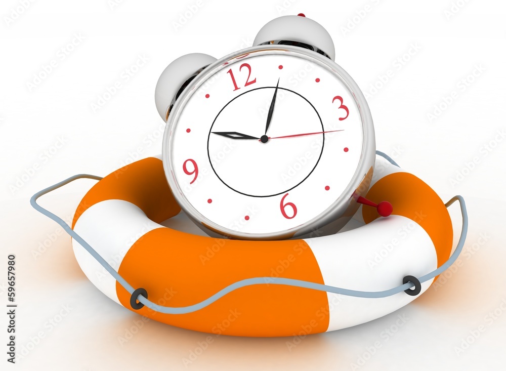 Concept of time to be Safe. Alarm clock with Life Buoy Stock