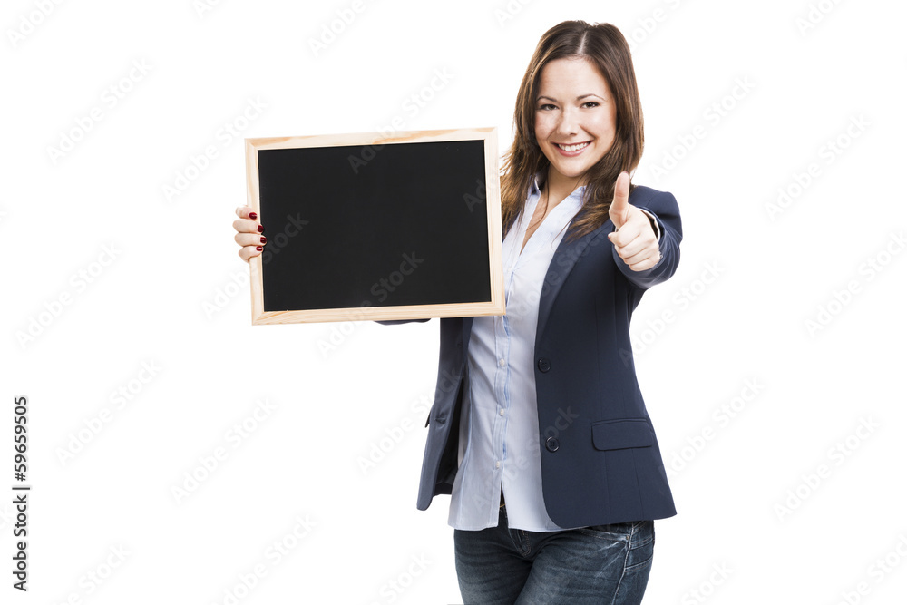 Business woman holding a chalkboard Business woman holding a chalkboard