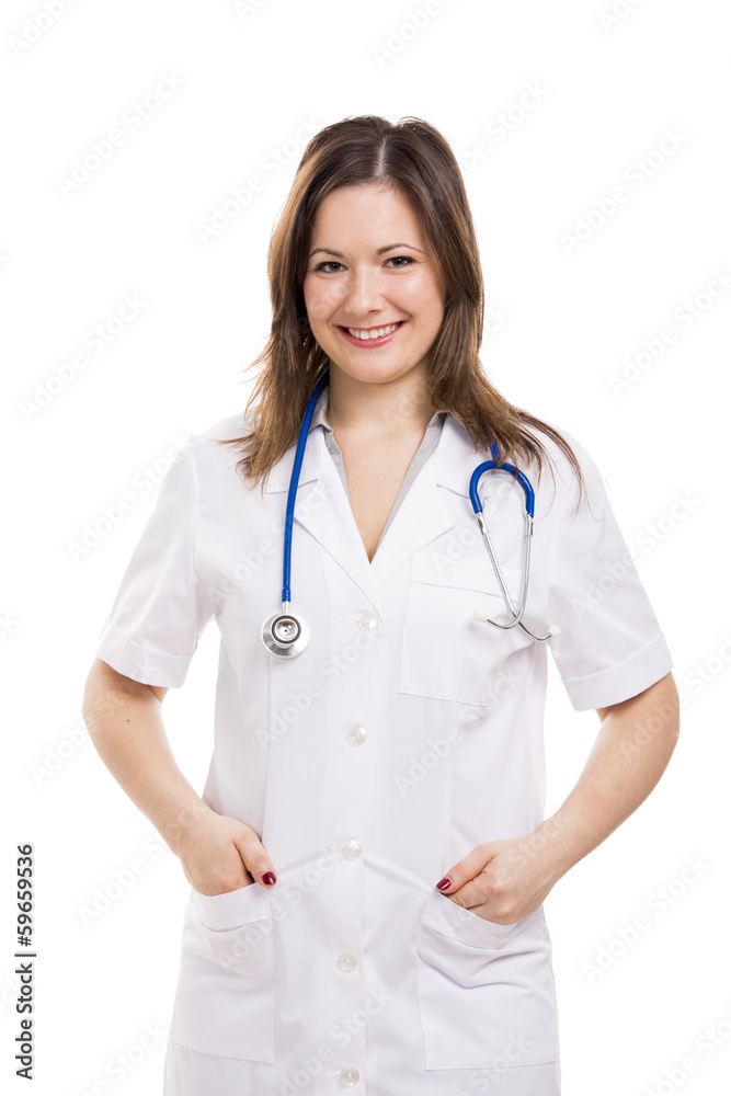 Beautiful young doctor, isolated over white background Beautiful young doctor, isolated over white background