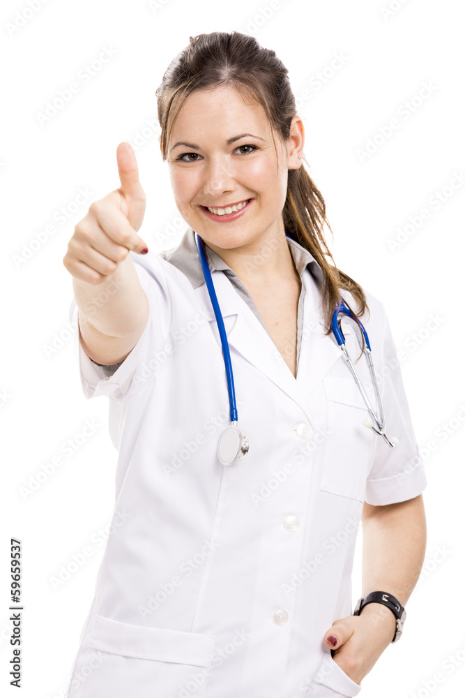 Beautiful young veterinary with thumbs up, isolated over white b Beautiful young veterinary with thumbs up, isolated over white b