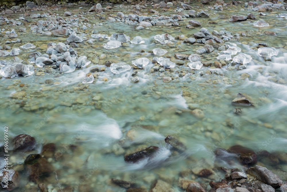 River with icicles in winter