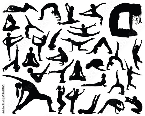 Big set of yoga silhouettes, vector