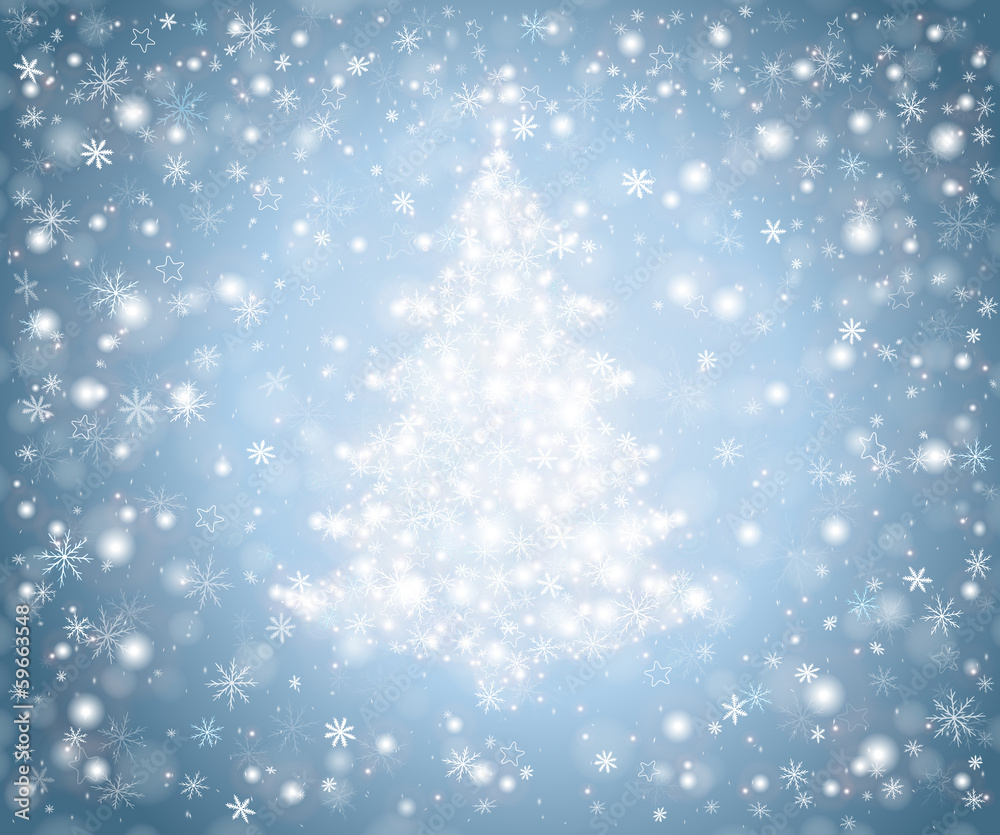 Christmas tree from snowflakes, falling snow and stars