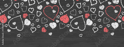 Vector chalkboard art hearts horizontal border seamless pattern
