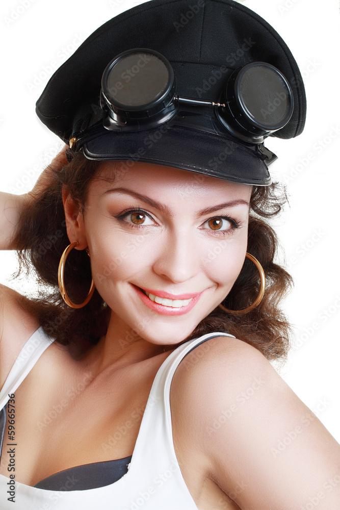 Naklejka premium brunette girl in a military ca