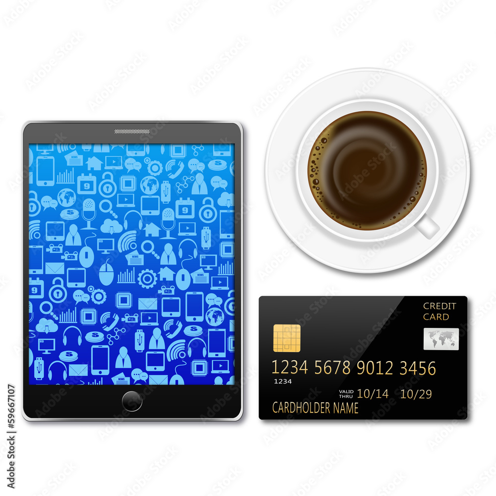 Creditcard with tablet and coffee Creditcard with tablet and coffee