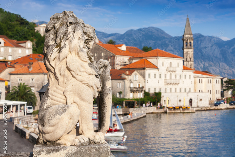 Ancient lion statue in Perast town, Bay of Kotor, Montenegro