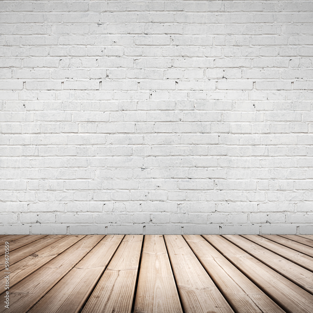 Fototapeta premium Abstract interior with wooden floor and white brick wall