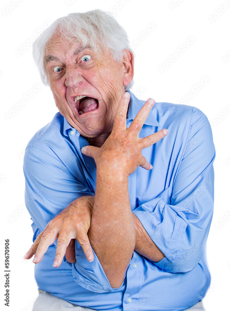 Crazy, upset, agitated, unhinged elderly, senior man Crazy, upset, agitated, unhinged elderly, senior man