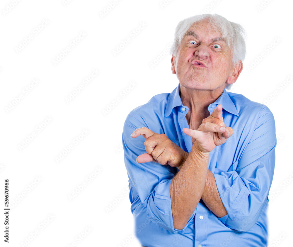 Crazy, agitated, unhinged, angry elderly, senior man Crazy, agitated, unhinged, angry elderly, senior man