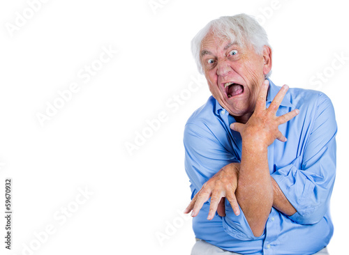 Crazy, confused, agitated, unhinged elderly, senior man