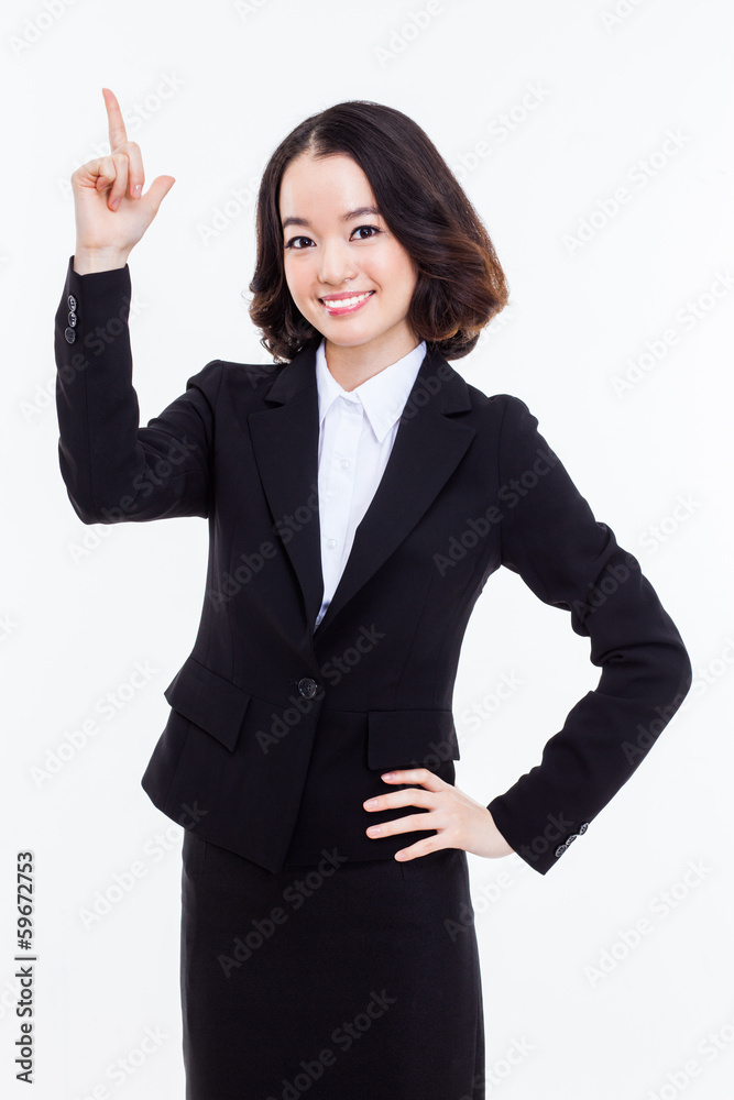Young business woman point up side Young business woman point up side