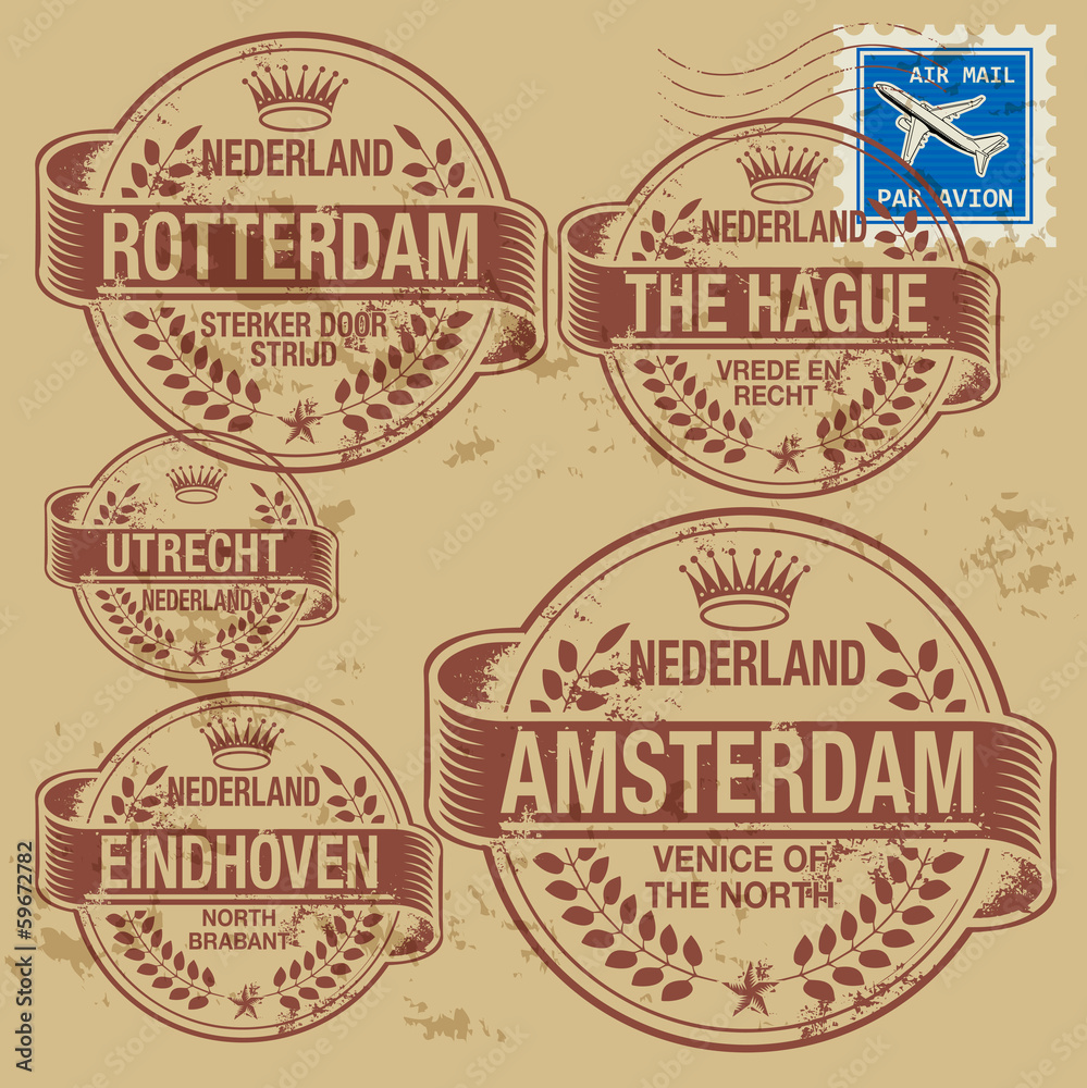 Fototapeta premium Grunge rubber stamp set with names of Netherlands cities