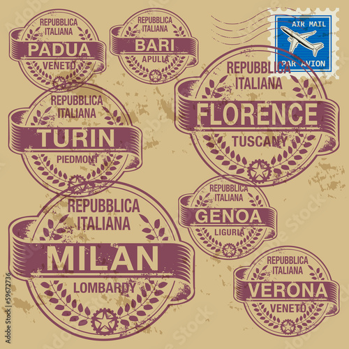Grunge rubber stamp set with names of Italian cities